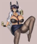  alcohol beer beer_can belt belt_buckle between_breasts black_gloves black_neckwear blush bra breasts buckle can cleavage collarbone curvy eu03 eyepatch glasses gloves headgear highres huge_breasts kantai_collection necktie necktie_between_breasts open_clothes panties pantyhose partially_fingerless_gloves pencil_skirt plump purple_hair short_hair skirt solo tenryuu_(kancolle) thick_thighs thighs underwear yellow_eyes 