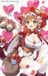  1girl :d ayamy bangs blurry blurry_foreground blush bow bowtie braid breasts brown_hair buttons cleavage confetti corset eyebrows_visible_through_hair gloves green_eyes heart_balloon highres hood hood_up knee_up large_breasts long_hair looking_at_viewer nijisanji open_mouth outstretched_arm paw_gloves paw_print paws plaid plaid_skirt puffy_short_sleeves puffy_sleeves short_sleeves sitting skirt smile solo thighhighs twin_braids virtual_youtuber warabeda_meijii watermark white_background white_legwear 