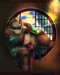  2021 anthro asian_clothing balls_outline brown_body brown_fur bulge canid canine clothing detailed_background east_asian_clothing fundoshi fur genital_outline hi_res japanese_clothing kemono male mammal overweight overweight_anthro overweight_male penis_outline raccoon_dog sitting solo tanuki tiri_mama underwear 