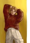  0092gold 1boy arms_behind_head arms_up blonde_hair ginga_eiyuu_densetsu highres short_hair smile solo solo_focus sweater sweater_tucked_in wolfgang_mittermeyer 