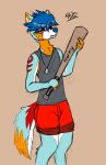  angry anthro arctic_wolf athletic athletic_anthro athletic_male baseball_bat bat_(object) black_clothing black_shirt black_tank_top black_topwear blue_hair bottomwear canid canine canis claudeartz clothing dog_tags falcon_woodwere fur hair horny_bat horny_jail looking_down male mammal meme multicolored_body multicolored_fur red_bottomwear red_clothing red_eyes red_shorts shirt shorts solo tank_top topwear wolf 