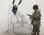  anonymous_artist anthro armor clothed clothing duo female german_text gun headgear helmet hi_res human humanoid lagomorph larger_female leporid male mammal military_uniform navel nude rabbit ranged_weapon simple_background size_difference smaller_male soldier text uniform warrior weapon white_background 
