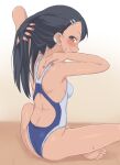  1girl ass black_hair breasts brown_eyes bubukka closed_mouth commentary_request dark_skin dark_skinned_female from_behind ijiranaide_nagatoro-san indian_style long_hair medium_breasts nagatoro_hayase one-piece_swimsuit sitting smile solo swimsuit 