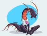  antennae_(anatomy) anthro arthropod baggy_clothing barefoot bottomless centipede clothed clothing eyeless feet female long_neck mandibles multi_leg multi_limb myriapod onegrumpylumpy shirt signature simple_background sitting solo t-shirt topwear white_background 