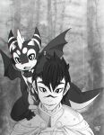 2021 anthro armor black_hair blurred_background carrying claws cloak clothed clothing collar cute_fangs detailed_background digital_media_(artwork) dragon duo eyebrows forest front_view greyscale hair hand_on_head hi_res horn human larger_human looking_at_viewer male mammal membrane_(anatomy) membranous_wings monochrome on_shoulders open_mouth plant poncho rudragon scalie signature size_difference smaller_anthro spikes spikes_(anatomy) spines stria_(rudragon) thick_eyebrows tree western_dragon wings 