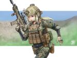  1girl assault_rifle camouflage flecktarn gloves gun handgun helmet holstered_weapon jpc long_hair magazine_(weapon) military military_uniform open_mouth original red_eyes rifle smoke_grenade trigger_discipline uniform watch weapon 