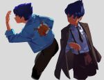  1boy alternate_costume bangs black_pants blue_jacket brown_jacket character_print charizard collared_shirt dark_skin dark_skinned_male gen_1_pokemon grey_background hand_up highres hop_(pokemon) jacket male_focus multiple_views na1_pkmn necktie pants pokemon pokemon_(game) pokemon_swsh purple_hair shirt short_hair simple_background suspenders white_shirt yellow_eyes 