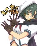  1girl black_cape breasts brown_gloves cape eyepatch gloves green_eyes green_hair hat highres kantai_collection kiso_(kancolle) large_breasts nokishita_kumoemon remodel_(kantai_collection) sailor_hat school_uniform serafuku shirt short_hair solo upper_body white_shirt 