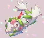  blush commentary_request dual_persona flower gen_4_pokemon green_eyes grey_background highres mythical_pokemon no_humans nullma open_mouth pink_flower pokemon pokemon_(creature) shaymin shaymin_(land) shaymin_(sky) smile toes tongue |d 