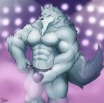  5_fingers abs absurd_res anthro beard biceps biped bulge bulge_fondling canid canine canis clothed clothing eyebrows facial_hair fingers fur grey_body grey_fur hi_res humanoid_hands law_(sdorica_sunset) male mammal muscular muscular_anthro muscular_male muscular_thighs nipples pecs sdorica serenaught solo thick_eyebrows topless triceps underwear underwear_only wolf 