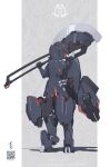  1girl armor axe black_hair breastplate colored_inner_hair highres holding holding_axe makadamixa mecha_musume multicolored_hair original over_shoulder pile_bunker qr_code red_hair shadow shield short_hair shoulder_armor solo standing two-tone_hair visor_(armor) weapon weapon_over_shoulder 