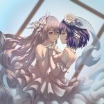  2girls bangs bare_shoulders blue_eyes blurry blurry_background blush breasts bridal_veil bronya_zaychik damon_ct depth_of_field detached_collar dress dutch_angle earrings elbow_gloves eye_contact flower gloves hair_between_eyes hair_flower hair_ornament highres holding_hands honkai_(series) honkai_impact_3rd interlocked_fingers jewelry layered_dress looking_at_another multiple_girls parted_lips purple_hair rose see-through seele_vollerei short_hair signature silver_eyes silver_hair small_breasts strapless strapless_dress veil wedding_dress white_flower white_gloves white_rose yuri 