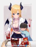  1boy 1girl blonde_hair blush breast_tattoo breasts chocolate cleavage cleavage_cutout clothing_cutout demon_girl demon_horns demon_wings eyebrows_visible_through_hair facebook_username food garter_straps hair_censor hair_over_eyes holding holding_food hololive horn_ornament horn_ribbon horns hug labcoat large_breasts long_hair patreon_username pocky ribbon scanner tattoo twitter_username virtual_youtuber watermark wing_collar winged_heart wings wox yuzuki_choco 