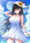  1girl absurdres arm_behind_head bare_shoulders black_hair blue_archive blue_sky blush breasts cleavage cloud day dress hair_ornament hairclip halo hat highres large_breasts long_hair looking_at_viewer naze236 ocean outdoors red_eyes ringed_eyes rio_(blue_archive) sky solo sun_hat very_long_hair white_dress 