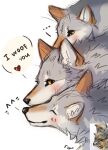  &lt;3 ... 2021 ambiguous_gender black_nose blush canid canine canis dialogue digital_media_(artwork) eyes_closed flashlioness fur grey_body grey_fur happy humor looking_at_another love mammal nuzzling smile text trio wolf 