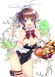  1girl :d animal_ears bang_dream! bangs bare_shoulders basket black_leotard blue_eyes blush bow bowtie bread bread_bun breasts brooch brown_hair bunny_ears clamps cleavage commentary_request covered_navel cowboy_shot detached_collar eyebrows_visible_through_hair floral_background food frilled_hairband frills gem hairband highleg highleg_leotard highres holster jewelry leaning_forward leotard looking_at_viewer maid_headdress medium_breasts medium_hair nail_polish open_mouth playboy_bunny red_neckwear sidelocks sleeveless smile solo standing strapless strapless_leotard thigh_holster thigh_strap thighs tsurugi_hikaru white_background wrist_cuffs yamabuki_saaya yellow_nails 