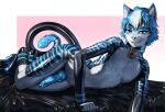  anthro bed blue_eyes blue_hair collar cuffs_(clothing) domestic_cat felid feline felis furniture genitals hair knot looking_at_viewer male mammal penis rakisha rubber solo tail_tuft tuft 