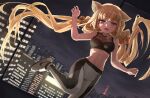  1girl :d animal_ears arm_up backlighting bare_arms bare_shoulders bell black_shirt blonde_hair breasts cat_ears cityscape commission crop_top dutch_angle hair_ornament highres indoors jingle_bell leg_up leggings long_hair looking_at_viewer low_twintails medium_breasts melaton midriff navel night open_mouth original purple_eyes shirt shoes skeb_commission sleeveless sleeveless_shirt smile sneakers solo standing standing_on_one_leg twintails very_long_hair 