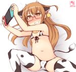  1girl alternate_costume animal_print artist_logo bikini brown_eyes brown_hair cameltoe commentary_request cow_print cowboy_shot dated front-tie_top handheld_game_console highres holding holding_handheld_game_console kanon_(kurogane_knights) kantai_collection long_hair looking_at_viewer lying micro_bikini mochizuki_(kancolle) nintendo_switch one-hour_drawing_challenge red-framed_eyewear simple_background solo swimsuit thighhighs white_background white_bikini white_legwear 
