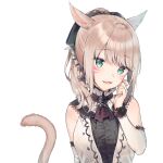  1girl :d animal_ear_fluff animal_ears bangs bare_shoulders black_bow blush bow brown_hair cat_ears cat_girl cat_tail center_frills detached_sleeves dress eyebrows_visible_through_hair final_fantasy final_fantasy_xiv frills green_eyes hair_bow hand_up long_hair long_sleeves midorikawa_you miqo&#039;te open_mouth ponytail simple_background smile solo tail tail_raised upper_body whisker_markings white_background white_dress white_sleeves 