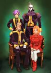  1girl 3boys absurdres berah_ronah boots carozzo_ronah cecily_fairchild chair commentary_request crossbone_vanguard dorel_ronah gloves grey_hair gundam gundam_f91 helmet highres mask meitzer_ronah military military_uniform multiple_boys multiple_girls old orange_hair purple_hair science_fiction sitting teikoku_jokyoku uniform 