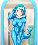  2girls aozame_takao blue_hair blush bodysuit breasts caught door female_pov freckles gen_1_pokemon gold_hairband hiding highres impossible_bodysuit impossible_clothes lana&#039;s_mother_(pokemon) lana_(pokemon) large_breasts latex latex_bodysuit looking_at_mirror looking_at_viewer low_ponytail mature_female mirror mother_and_daughter multiple_girls no_sclera open_door peeking peeking_out peeping pokemon pokemon_(anime) pokemon_sm_(anime) pov reflection shiny shiny_clothes skin_tight vaporeon 
