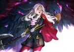  1girl animal artist_request axe bird cape closed_mouth cravat eagle edelgard_von_hresvelg fire_emblem fire_emblem:_three_houses garreg_mach_monastery_uniform gloves hair_ornament hair_ribbon long_hair long_sleeves looking_at_viewer pantyhose purple_eyes red_cape ribbon simple_background solo uniform weapon white_hair 