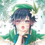  1boy 1other androgynous bamboo bangs beret black_hair blue_hair blush bow braid cape collared_cape crying crying_with_eyes_open drooling eyebrows_visible_through_hair flower furrowed_eyebrows genshin_impact gradient_hair green_eyes green_headwear hair_flower hair_ornament hand_on_another&#039;s_chin hat heart heart-shaped_pupils highres leaf looking_at_viewer male_focus multicolored_hair open_mouth pov pov_hands saliva shenlan_yu_jiangzi shirt short_hair_with_long_locks solo_focus symbol-shaped_pupils tears tongue tongue_out twin_braids venti_(genshin_impact) white_flower white_shirt 