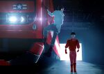  209all 2boys akira_(manga) black_footwear black_gloves black_hair blue_pants boots coat colored_lights east_japan_railway_company gloves glowing headlight_beam highres jacket japan_railways jr_east_209_series kaneda_shoutarou&#039;s_bike kaneda_shoutarou_(akira) lab_coat light_rays male_focus multiple_boys multiple_unit_train pants railroad_tracks red_footwear red_gloves red_jacket red_pants shima_tetsuo short_hair train white_coat 