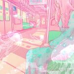  1girl aqua_dress door dress jellyfish long_hair long_sleeves original pink_hair pink_theme profanity sitting solo surreal train_interior wacca005 