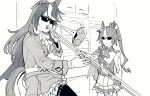  2girls animal_ears breasts character_request clenched_hand gloves greyscale highres horse_ears horse_girl horse_tail instrument jacket medium_breasts meme monochrome multiple_girls music playing_instrument ponytail skirt sunglasses symboli_rudolf_(umamusume) tail takatsuki_nato thighhighs tokai_teio_(umamusume) trombone umamusume when_mama_isn&#039;t_home 