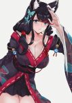  1girl animal_ear_fluff animal_ears azur_lane bangs black_hair blue_eyes blush blzchaos breasts butterfly_hair_ornament cat_ears cleavage eyebrows_visible_through_hair fusou_(azur_lane) hair_ornament highres japanese_clothes kimono large_breasts long_hair looking_at_viewer solo 