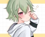  1girl 3: blush closed_mouth commentary cue! dotted_line green_hair grid_background hand_up hood hooded_jacket jacket kano_shiho letterboxed long_sleeves looking_at_viewer looking_back nana_nagi outside_border red_eyes short_hair sleepy solo split_mouth squeans symbol-only_commentary tears upper_body white_background white_jacket wiping_tears 