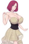  1girl alex_(nobodybutalex) bangs blue_hair blush breasts choker cleavage collarbone corset eyebrows_visible_through_hair gold_dress highres large_breasts looking_to_the_side open_hand original parted_bangs parted_lips red_hair short_hair smile solo white_background 