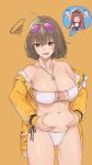  2girls anis_(nikke) anis_(sparkling_summer)_(nikke) aviator_sunglasses belly_grab bikini eyepatch_bikini eyewear_on_head goddess_of_victory:_nikke highres jacket jewelry multiple_girls nagato_tsumugu necklace official_alternate_costume plump rapi_(classic_vacation)_(nikke) rapi_(nikke) star_(symbol) star_necklace sunglasses swimsuit tinted_eyewear white_bikini yellow_jacket 