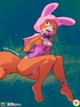  3:4 anthro bow_tie bunny_costume bunny_hood canid canine cape clothing costume disney easter english_text feet female fox furboz holidays maid_marian mammal red_fox robin_hood_(disney) signature solo strapless_leotard text toes 
