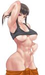  1girl abs areola_slip areolae armpits black_hair black_tank_top breasts en&#039;en_no_shouboutai groin hand_on_own_stomach highres long_hair looking_at_viewer maki_oze medium_breasts navel no_bra no_panties orange_overalls parted_lips purple_eyes shirt_lift solo sweat tank_top thighs white_background zefrableu 