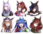  6+girls :d absurdres animal_ears aqua_bow aqua_neckwear aqua_ribbon ascot bangs bare_shoulders black_hair blue_bow blue_eyes blue_flower blue_hair blue_headwear blue_neckwear blue_rose blush bow bowtie brown_eyes brown_hair closed_eyes ear_covers ear_ribbon epaulettes flaming_eye flower hair_ornament hair_over_one_eye hairpin hat heterochromia highres hood hoodie horse_ears horse_girl jacket light_purple_hair long_hair looking_at_viewer matikane_tannhauser mejiro_mcqueen_(umamusume) multicolored multicolored_hair multicolored_hoodie multiple_girls nice_nature_(umamusume) open_mouth parted_lips pink_neckwear ponytail portrait purple_eyes purple_headwear ribbon rice_shower_(umamusume) rose sak_(lemondisk) sharp_teeth single_epaulette smile streaked_hair striped striped_bow striped_neckwear teeth tokai_teio_(umamusume) twin_turbo_(umamusume) twintails umamusume upper_teeth white_hair white_jacket 