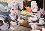  absurdly_long_hair alternate_costume apron azur_lane bangs bird blunt_bangs breast_hold breasts brick_wall cabinet chick cleavage commentary_request covering_mouth cup detached_collar drink drinking_glass drinking_straw enmaided eyebrows_visible_through_hair fang food fruit gloves hair_ornament ice ice_cube kirari_(kira_rin9) lamp large_breasts lemon lemon_slice long_hair long_sleeves looking_at_another maid maid_apron maid_cafe maid_headdress manjuu_(azur_lane) menu_board minsk_(azur_lane) multicolored_hair open_mouth purple_eyes purple_hair sidelocks silver_eyes silver_hair sleeves_past_wrists strawberry strawberry_cake streaked_hair surprised tallinn_(azur_lane) tashkent_(azur_lane) tea thighhighs tray tripping two-tone_hair very_long_hair white_gloves white_hair white_legwear wide_sleeves wrist_cuffs zettai_ryouiki 