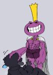  2021 ambiguous_gender amphibian anthro black_body black_eyes black_fur black_wool bottomwear bovid cape caprine clothed clothing crown duo fan_character frog fur grabbing_head grey_background king_leib_(shirtbusters) male mammal muscular muscular_male purple_body purple_clothing purple_skin shaking sheep shirtbusters shorts simple_background smile squeezing_head tagme trembling wool_(fur) 