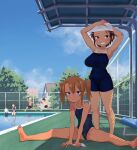  2boys 4girls :d armpits ass bare_shoulders barefoot black_hair blue_eyes blue_sky blue_swimsuit blush breasts brown_eyes brown_hair cloud coffee-milk-moumou dark_skin dark_skinned_female fence glasses grin highres large_breasts looking_at_viewer multiple_boys multiple_girls one-piece_swimsuit open_mouth original outdoors pool poolside reflection school_swimsuit short_hair sitting sky smile split swim_cap swimsuit tan tanline twintails yuma_(coffee-milk-moumou) 