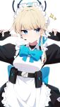  1girl absurdres apron back_bow belt belt_pouch black_belt black_gloves black_shirt black_skirt blonde_hair blue_archive blue_bow blue_bowtie blue_eyes blue_halo blue_ribbon blush bow bowtie bun_cover chest_harness closed_mouth dot_nose double_v earpiece fingerless_gloves frown gloves hair_ribbon halo harness highres huge_bow juliet_sleeves layered_skirt long_skirt long_sleeves looking_at_viewer maid maid_apron maid_headdress pouch puffy_sleeves reikakrzk ribbon shirt short_hair simple_background skirt skirt_set solo tactical_maid toki_(blue_archive) unconventional_maid v white_apron white_background 