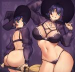  1girl artist_name ass black_hair blue_eyes breasts breasts_apart broom character_name collaboration collarbone commentary commission copyright_request english_commentary hand_on_headwear hat highres iwbitu-sa large_breasts looking_at_viewer multiple_views navel o-ring parted_lips revealing_clothes see-through short_hair shrug_(clothing) smile stomach twintails witch_hat 