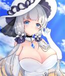  1girl anchor_symbol azur_lane bare_shoulders blue_eyes blue_sky breasts cleavage detached_collar dress elbow_gloves eyebrows_visible_through_hair gloves hair_ribbon hat highres illustrious_(azur_lane) lace-trimmed_headwear lace_trim large_breasts long_hair looking_at_viewer nekomiya_(huyu_nk) ribbon sapphire_(gemstone) sky sleeveless sleeveless_dress solo strapless strapless_dress sun_hat tress_ribbon tri_tails upper_body very_long_hair white_dress white_gloves white_hair white_headwear 