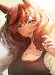  1girl :d animal_ears backlighting bangs bloom blurry blush breasts bright_pupils brown_dress brown_eyes brown_hair collarbone commentary_request depth_of_field dress eyebrows_visible_through_hair face green_ribbon hand_up highres horse_ears large_breasts long_hair looking_at_viewer multicolored_hair nice_nature_(umamusume) open_mouth ribbon simple_background smile solo streaked_hair swept_bangs twintails umamusume upper_body wreath yellow_background yuki_(asayuki101) 