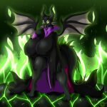  1:1 2021 3_toes 5_fingers anthro big_breasts breasts claws clothed clothing digital_media_(artwork) disney dragon feet female fingers fire hi_res horn huge_breasts looking_at_viewer maleficent nipple_outline solo spread_wings suirano toe_claws toes wings 