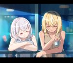  2girls ^_^ bangs bare_arms bare_shoulders blonde_hair blush breasts brown_shirt closed_eyes closed_mouth collarbone cup dark_skin dark_skinned_female drinking_glass eyebrows_visible_through_hair facing_another grey_hair grey_shirt hair_between_eyes holding holding_cup hololive hot_kakigoori large_breasts letterboxed multicolored_hair multiple_girls ponytail railing ribbed_shirt shiranui_flare shirogane_noel shirt sleeveless sleeveless_shirt smile streaked_hair upper_body virtual_youtuber white_hair 