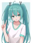  1girl ? ahoge aqua_background aqua_eyes aqua_hair collarbone commentary framed_image furrowed_eyebrows hand_up hatsune_miku highres long_hair looking_at_viewer maud0239 open_mouth shirt short_sleeves solo twintails upper_body v very_long_hair vocaloid white_shirt 