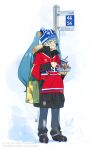  absurdres alternate_costume aqua_eyes aqua_hair aurahack bag beanie black_coat black_footwear blue_beanie blue_pants boots brown_hair bus_stop canada coat cup disposable_cup drinking_straw eating fleur-de-lis fork full_body fur-trimmed_coat fur_trim gradient_hair hat hatsune_miku highres holding holding_fork jersey long_hair montreal_canadiens multicolored_hair national_hockey_league pants pepsi pom_pom_(clothes) pom_pom_beanie poutine shopping_bag soda standing twintails vocaloid winter_clothes 