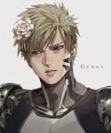  1boy absurdres black_sclera blonde_hair character_name colored_sclera commentary cyborg earrings eyebrows_visible_through_hair flower genos hair_flower hair_ornament highres jewelry looking_away looking_to_the_side male_focus one-punch_man parted_lips portrait short_hair sideways_glance simple_background solo thisuserisalive yellow_eyes 